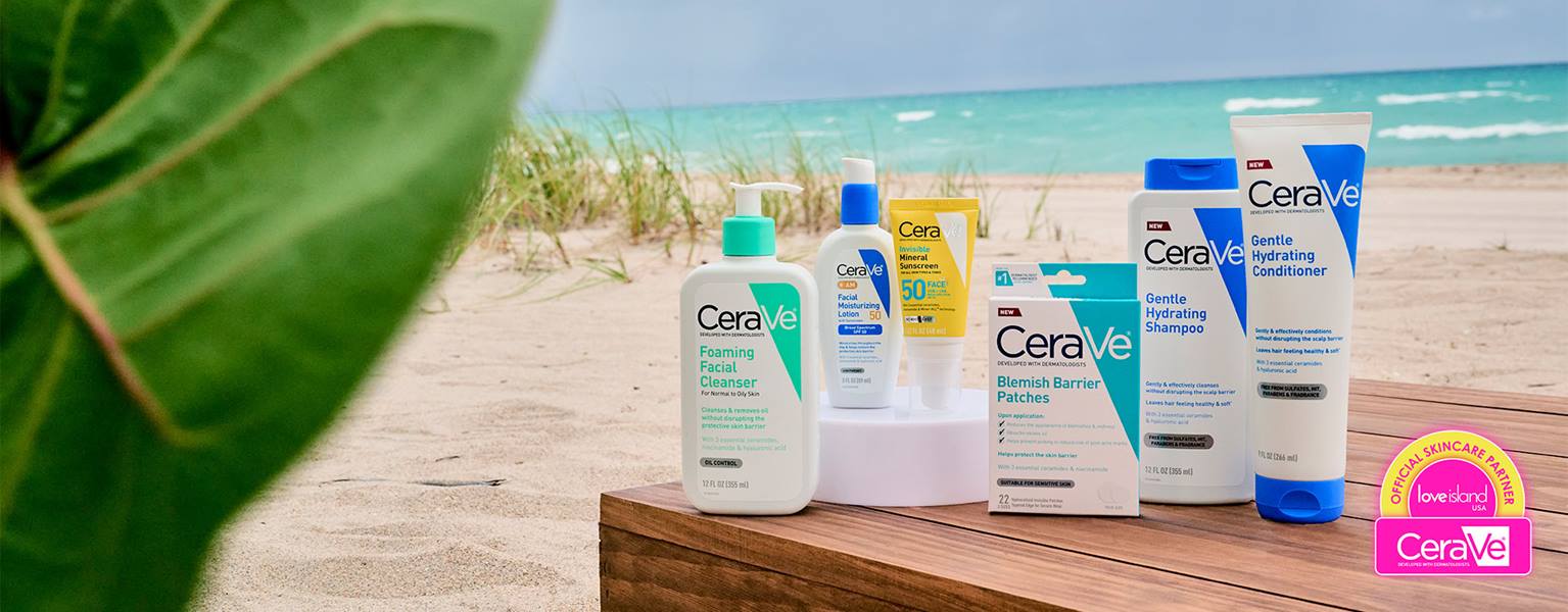 CeraVe Love Island product lineup on the beach